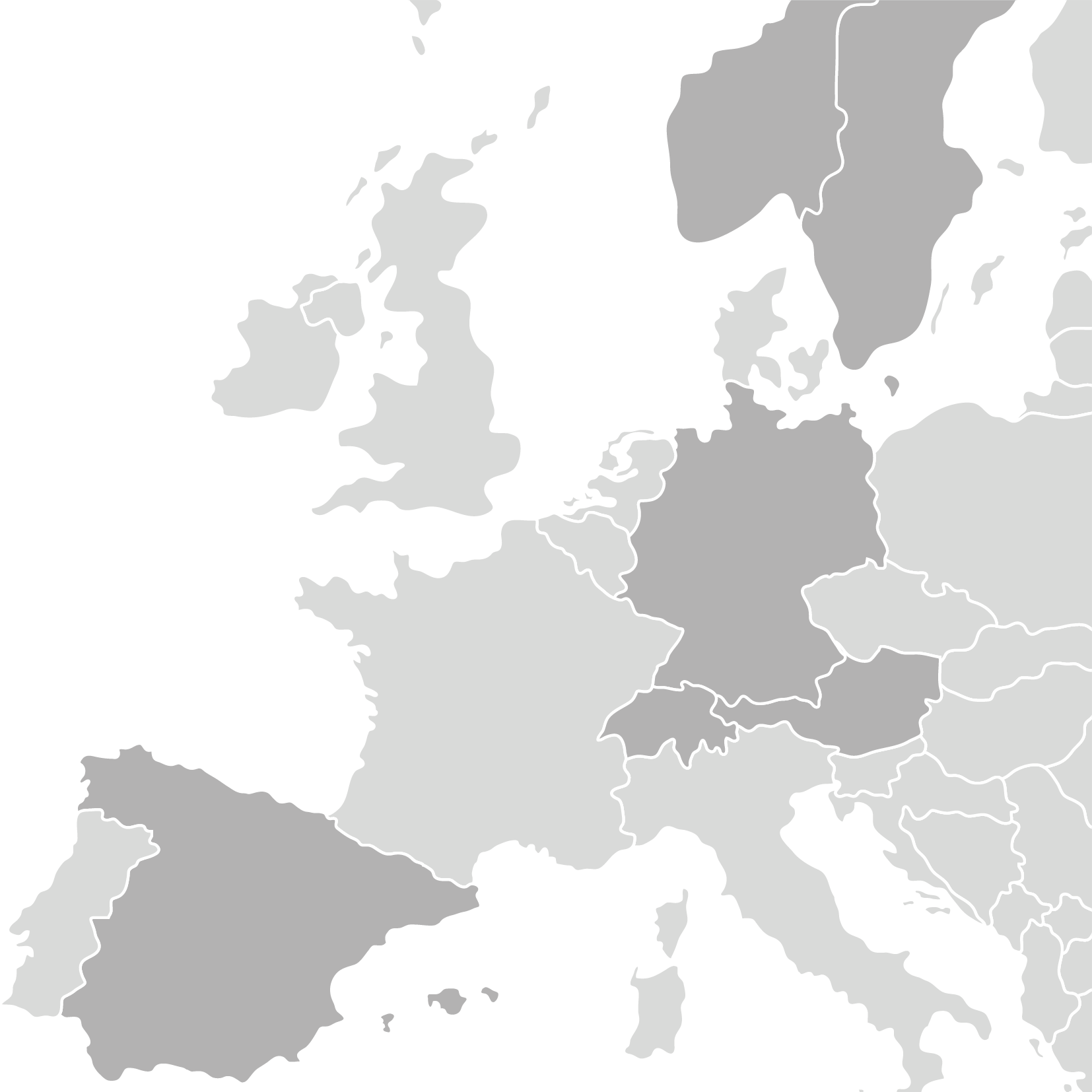 Une carte de l'Europe fait ressortir l'Espagne, l'Allemagne et la Suède en foncé et montre l'emplacement d'autres pays sur un fond clair.
