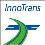 Un logo InnoTrans montre un rail stylisé vert et bleu et fait référence à des thèmes liés aux chemins de fer et aux transports. Texte en haut de l'image : InnoTrans.