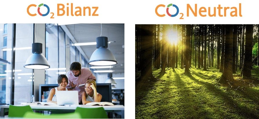 Drei Personen arbeiten in einem modernen Büro mit großen Fenstern und Hängelampen, über ihnen steht CO₂ Bilanz, daneben ein weiteres Bild mit Sonnenstrahlen, die durch einen dichten Wald scheinen, darüber steht CO₂ Neutral